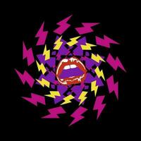Design for t-shirt of geometric shapes with symbols of thunderbolts and red lips isolated on black vector