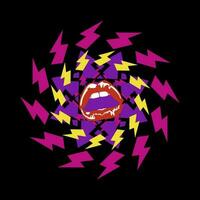 Design for t-shirt of geometric shapes with symbols of thunderbolts and red lips isolated on black vector