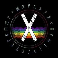 vector illustration of runic alphabet in circular design. Runic letter called Gebo next to a rainbow.