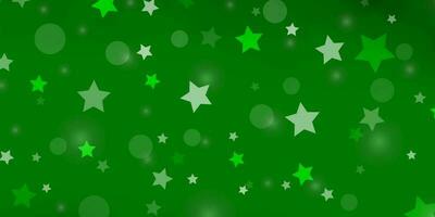 textura de vector verde claro con círculos, estrellas.