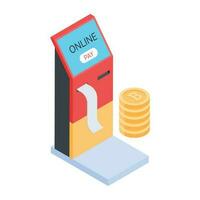 An isometric icon of atm transaction vector
