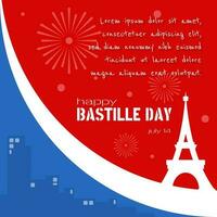 contento Bastille día modelo con francés bandera y silueta de eiffel torre vector