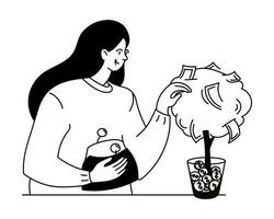 Woman collecting cash from Money tree. Profit, Successful Investment, wealth and Money growth concept. Monochrome doodle vector illustration on white background