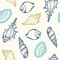 línea mar conchas sin costura modelo diseño. diferente conchas formas a mano dibujos en blanco antecedentes. fondos de pantalla, envase o textil mano dibujado impresión. vector ilustración.