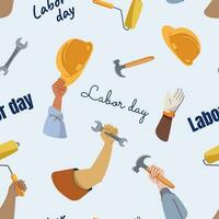 Labor day seamless pattern. Different workers hands holding work tools - helmet, hammer, spanner. Modern flat vector design on blue background. Wrapping paper or greeting card print.