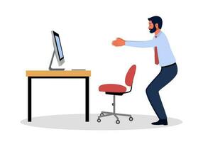 Businessman doing exercise in office concept vector illustration. Office syndrome prevention. Stretching exercise.