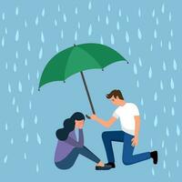 Man comforting depressed crying female friend. He help relief stress from his partner. Woman crying and man holding umbrella to prevent falling rain in flat design. vector