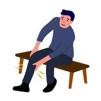 Young man have knee pain, leg pain in flat design on white background. Guy use hand touching on leg and massage to relax his muscle. vector