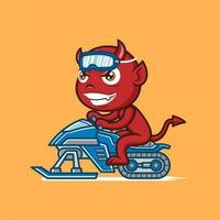 cute cartoon devil riding a snowmobile vector