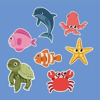 a set of illustrations of sea animals, dolphins, squid, fish, crabs vector