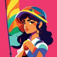 foto un dibujos animados de mujer participación un arco iris bandera vector