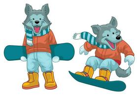conjunto de dibujos animados lobo jugando tabla de snowboard vector