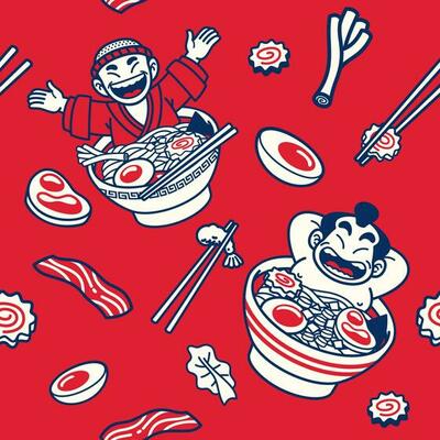 Japanese cute cartoon bath in ramen seamless pattern