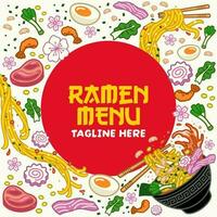 Japanese style vector illustration background with ramen noodle and ingredient