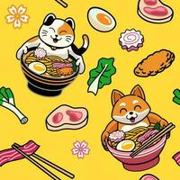 Seamless background of cute anime cat bath in bowl of ramen pattern vector