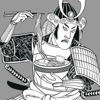 Black And White Illustration Of Samurai Eating Ramen In Ukiyo E Style vector