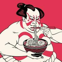 contento sumo comiendo su ramen con ukiyo mi estilo ilustración vector