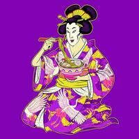japonés geisha comiendo ramen con tradicional kimono vector