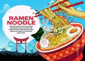 Japanese Ramen Background Poster of Delicious Hot Ramen With Empty Space For Text vector