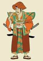 japonés hombre con kimono comiendo ramen vector