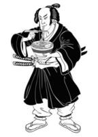 Ukiyo E Style of Hand Drawn Illustration of Man Eating Ramen Isolated Vector Illustration