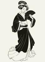 Vintage Japanese Geisha Holding Traditional Fan Isolated Vector