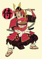 Japanese Warrior Eating Ramen Illustration in Edo Style, Japanese text means samurai vector
