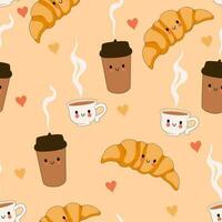 Kawaii seamless pattern with croissants and coffee. Vector graphics.