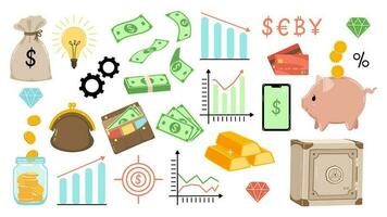 Set of items and elements related to money and banking. Vector graphics.