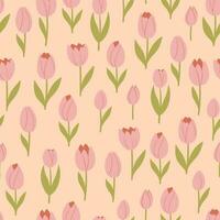 Delicate seamless pattern with pink tulips on a beige background. Vector graphics.