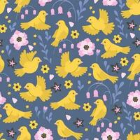 Seamless pattern with yellow canaries birds and flowers. Vector graphics.