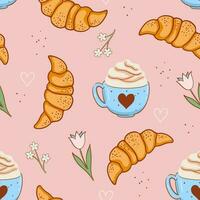 Seamless pattern with croissants, coffee and flowers. Vector graphics.