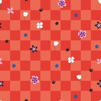 Checkered red seamless pattern with flowers. Vector graphics.