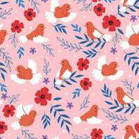 Seamless pattern with red canary birds and flowers. Vector graphics.