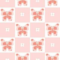 Cute checkered seamless pattern with flowers and butterflies. Vector graphics.
