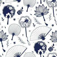 Seamless pattern with hand paper Asian fans on a white background. Vector graphics.