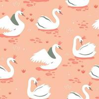 Seamless pattern with white crowned swans on a pond. Vector graphics.