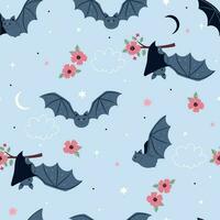 Seamless pattern with cute bats and flowers. Vector graphics.