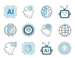 Collection of 12 high quality outline technology flat icons style on white background. Line icons, symbols. Set of 8 Artificial intelligence lined AI icons vector