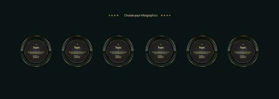 Six Luxury  multipurpose Infographic circle buttons and Golden template with 6 options and Premium gold elegant version on a dark background vector