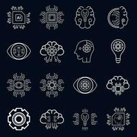 Set of flat icons for AI concept vector, artificial intelligent icons on dark background, AI group of symbols vector