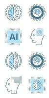 AI icons, symbols. Set of Eight Artificial intelligence lined style, cybernetic, ai, head, technology vector