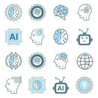 Set of modern AI icons, symbols. Set of Artificial intelligence lined blue, cybernetic, ai, head, technology vector, illustration design vector