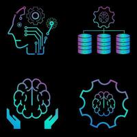 Set of 4 Colorful of pink and blue vector line icons related to AI concepts, and human technology icons, text analytics, and text mining on dark