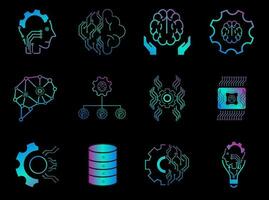 Set of 12 gradient color vector line icons related to the field of computational linguistics, robot and AI technology, language engineering icons