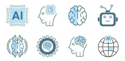 Collection of 8 AI, robots technology flat icons style on white background. Line icons, symbols. Set of 8 Artificial intelligence lined AI icons vector
