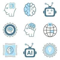 Group of modern AI icons, symbols. Set of Artificial intelligence lined style, cybernetic, ai, head, technology vector