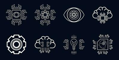 A group of AI technology concept vector, artificial intelligent icons on dark background, AI group of icons vector