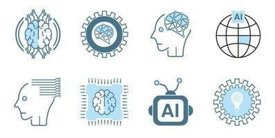 Machine and robot icon set. Collection of high quality outline technology flat icons style on white background. Line icons, symbols. Set of 8 Artificial intelligence lined AI icons vector