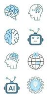 Group of 8 AI icons, symbols. Set of Artificial intelligence lined style, cybernetic, ai, head, technology vector